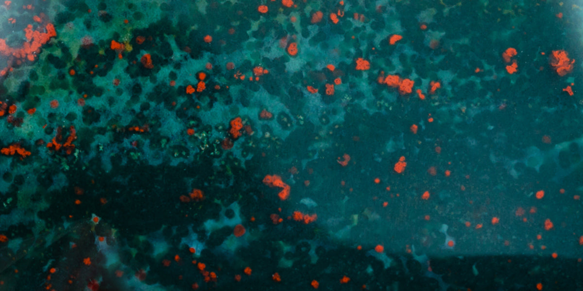 Close up image of bloodstone showing dark green with red specks